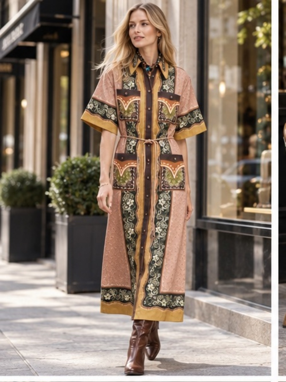 Alemais Dusty Rose and Mustard Boho Maxi Shirt Dress